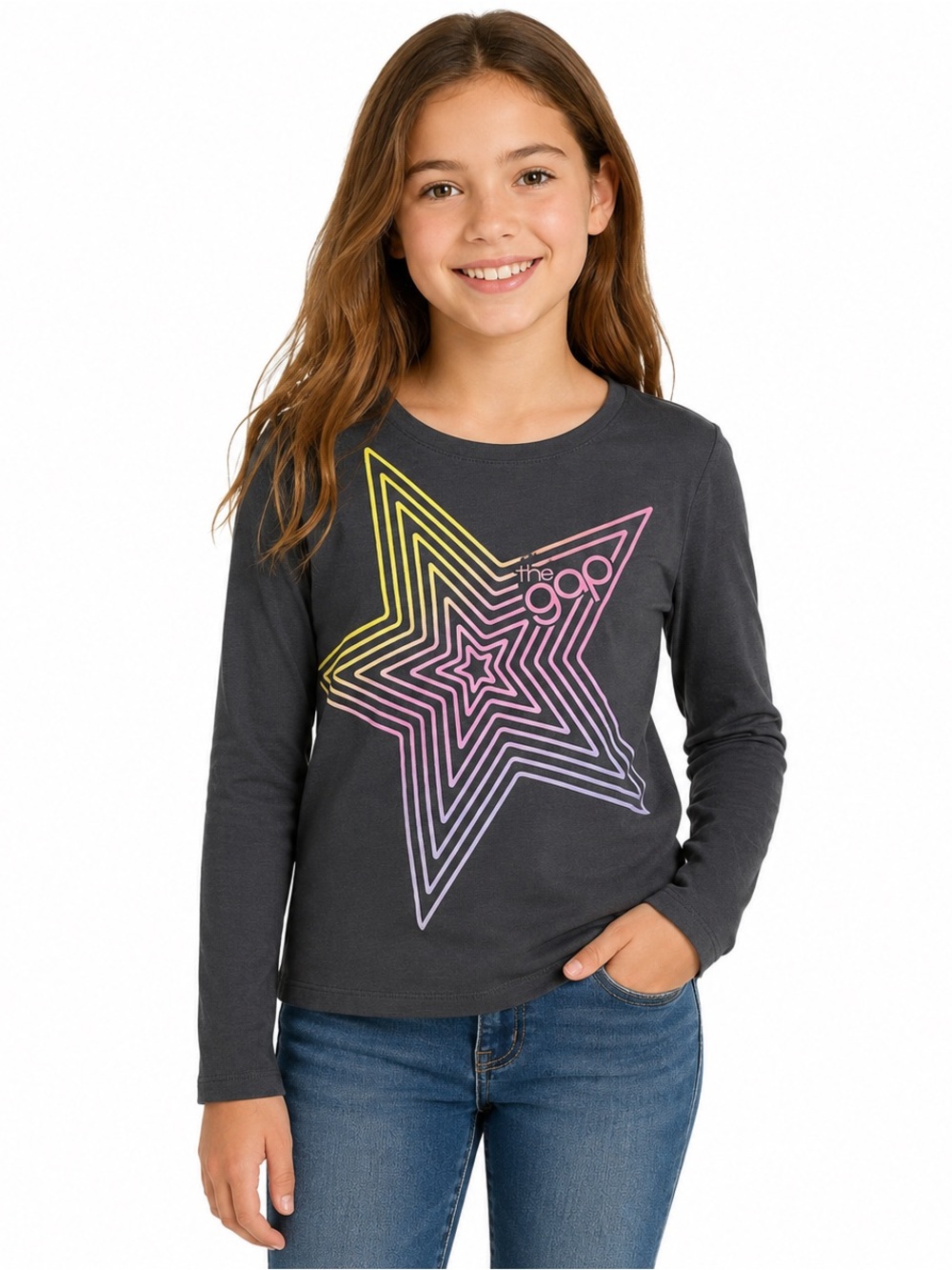 Gap Kids Girls L 10 Charcoal Gray Star Graphic Long‎ Sleeve Tee NWT